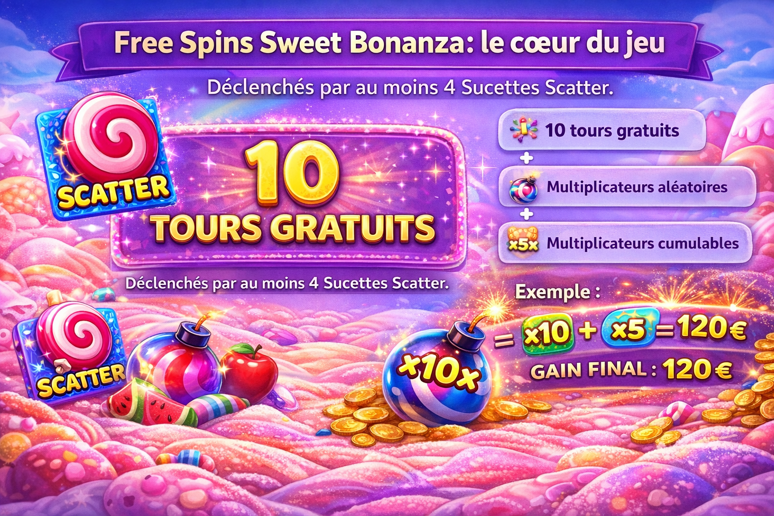 Bonus Free Spins Sweet Bonanza avec 10 tours gratuits, symboles Scatter et multiplicateurs cumulables