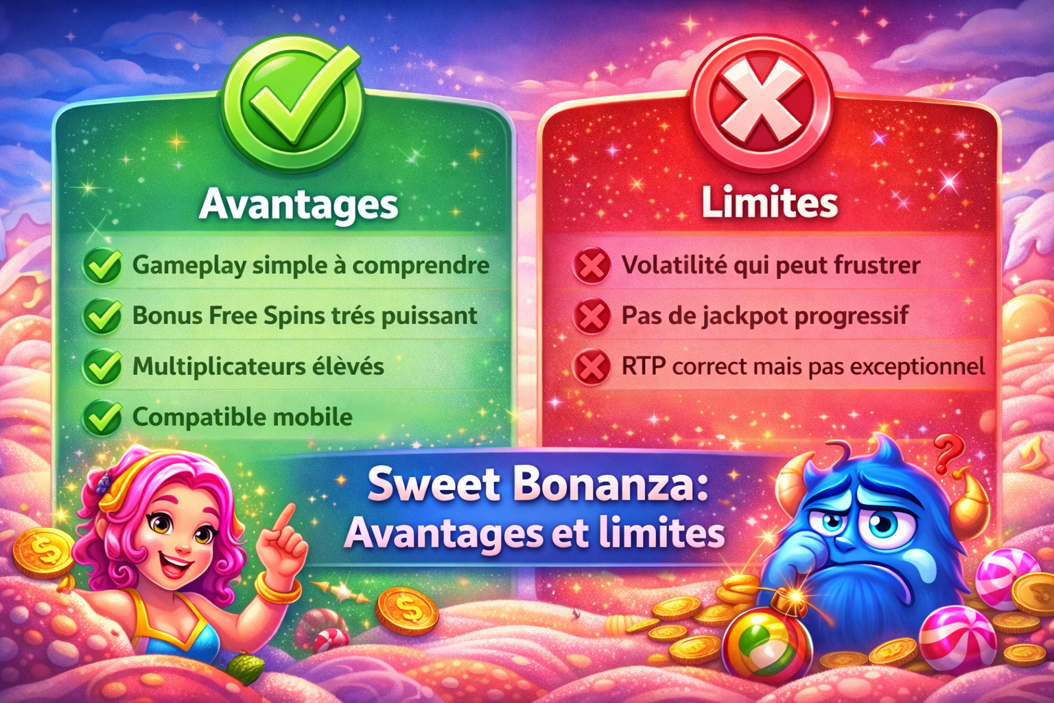Comparaison des avantages et limites de Sweet Bonanza avec bonus Free Spins, multiplicateurs élevés et forte volatilité