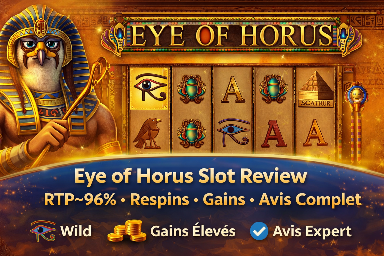 Illustration de la machine à sous Eye of Horus avec symboles Wild, Scatter et thème de l’Égypte antique
