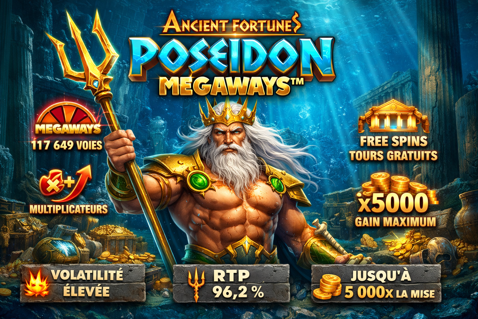 Ancient Fortunes: Poseidon Megaways – Slot Play’n GO avec Poseidon, trident, Free Spins, multiplicateurs et gains jusqu’à 5000x