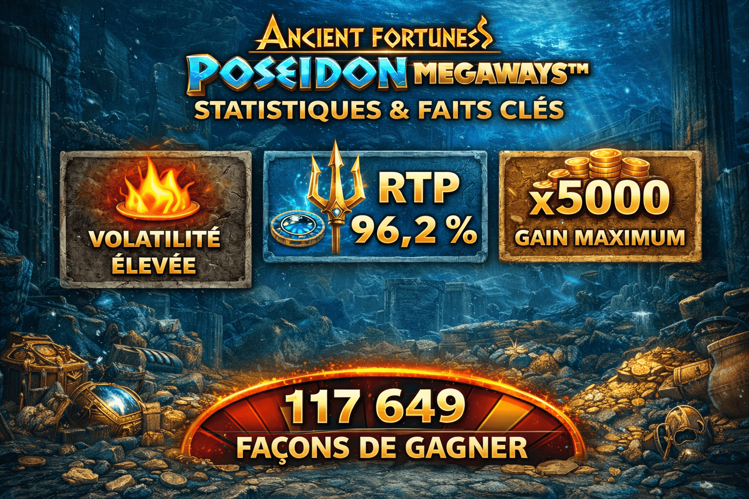 Ancient Fortunes Poseidon Megaways – Statistiques clés : RTP 96,2 %, volatilité élevée, gain maximum x5000, 117 649 façons de gagner
